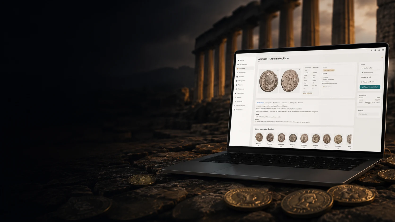 AncientDesk affiché sur un ordinateur portable, devant des colonnes antiques et des monnaies romaines